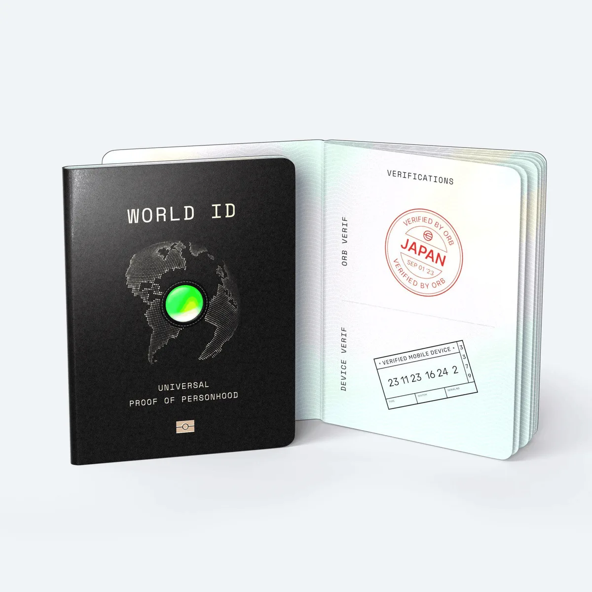 Two World ID booklets, one open and stamped
